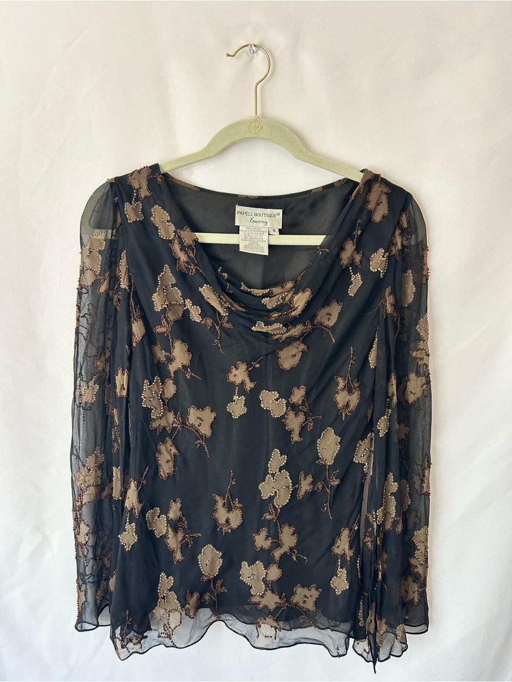 Papell Boutique Black Sheer Long-Sleeve Floral Beaded Top